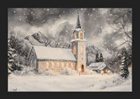 A poster with an illuminated church in a snow-covered winter landscape.-5