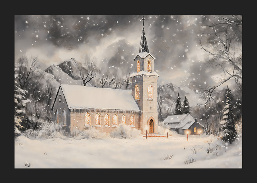 A poster with an illuminated church in a snow-covered winter landscape.-12