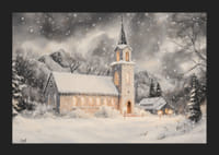 Een poster met een verlichte kerk in een besneeuwd winterlandschap.-5