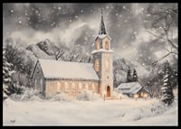 A poster with an illuminated church in a snow-covered winter landscape.-6