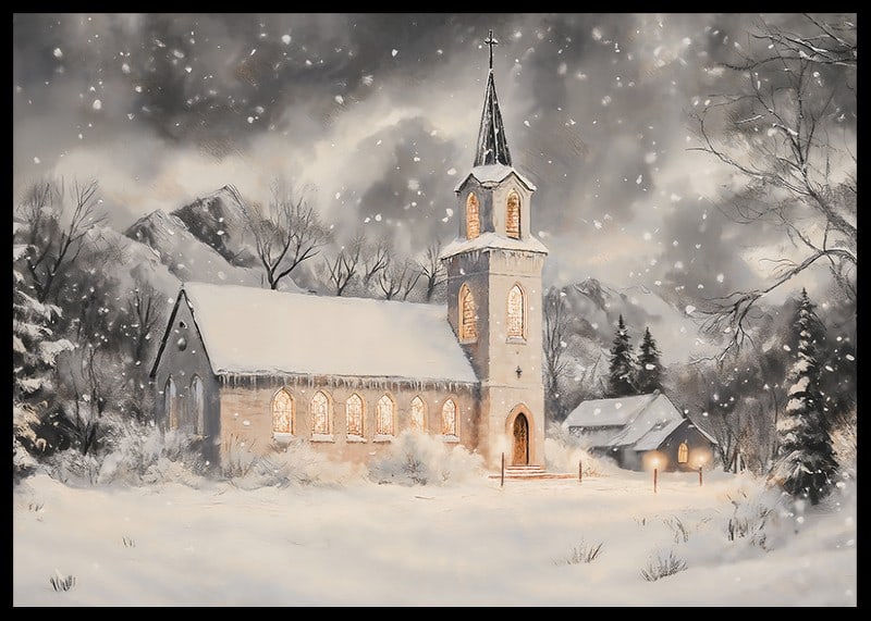 A poster with an illuminated church in a snow-covered winter landscape.-12