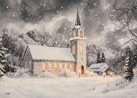 A poster with an illuminated church in a snow-covered winter landscape.-7