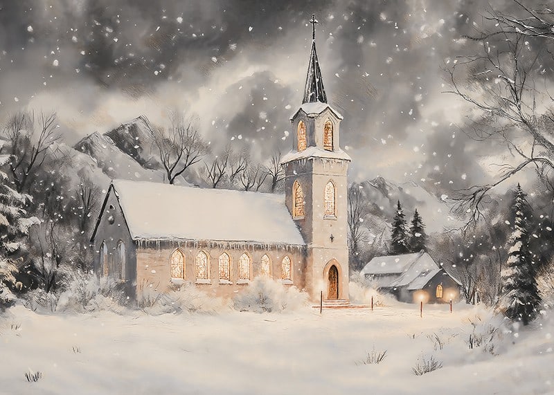 A poster with an illuminated church in a snow-covered winter landscape.-12
