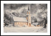 A poster with an illuminated church in a snow-covered winter landscape.-0