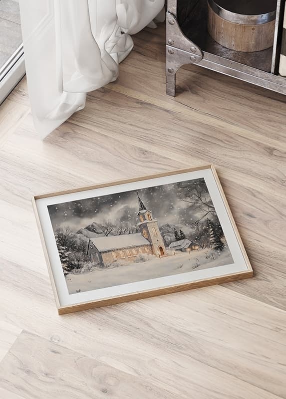 A poster with an illuminated church in a snow-covered winter landscape.-12