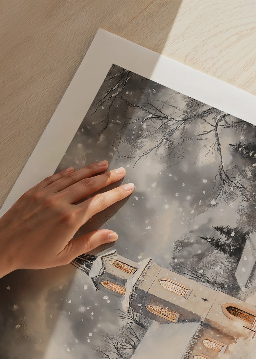 A poster with an illuminated church in a snow-covered winter landscape.-12