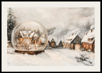 Plagát s vysvietenou zimnou dedinou a snehovou guľou, ktorá šíri čaro Vianoc.-2