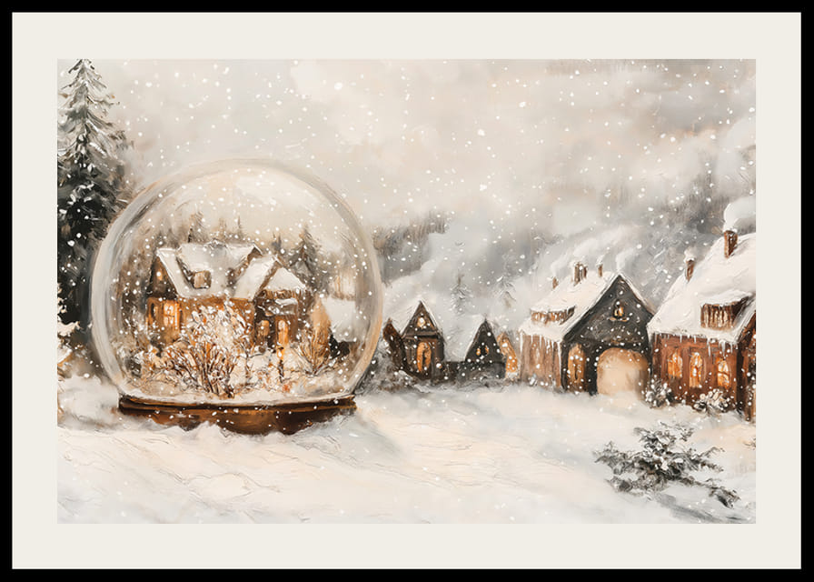Plagát s vysvietenou zimnou dedinou a snehovou guľou, ktorá šíri čaro Vianoc.-12