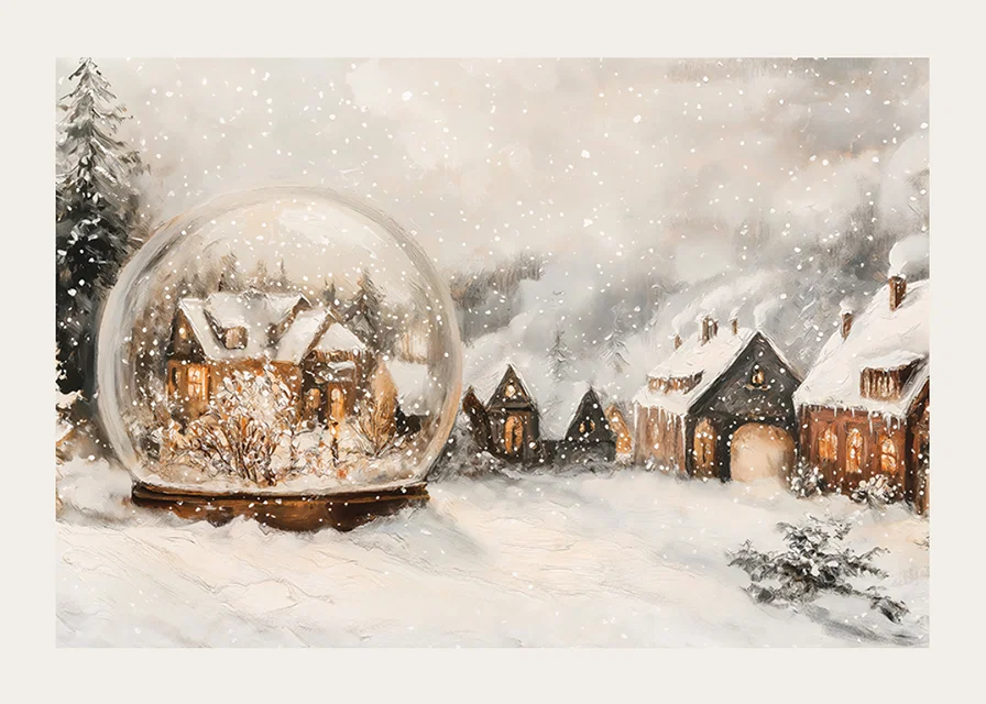 A poster with an illuminated winter village and a snow globe that spreads the charm of Christmas.-12