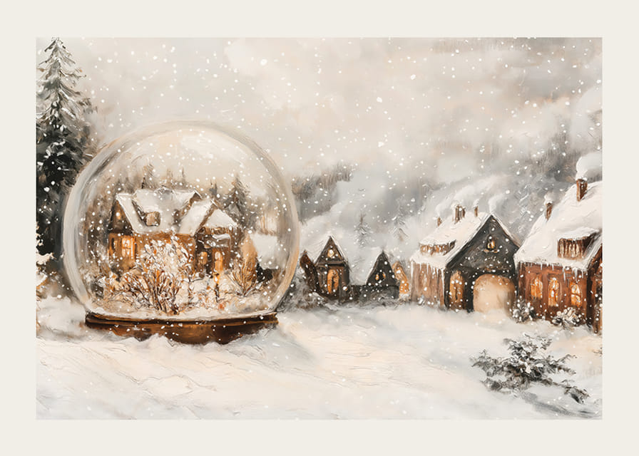 Plagát s vysvietenou zimnou dedinou a snehovou guľou, ktorá šíri čaro Vianoc.-12