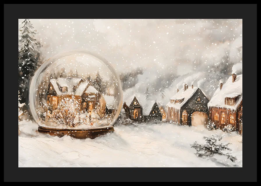 A poster with an illuminated winter village and a snow globe that spreads the charm of Christmas.-12