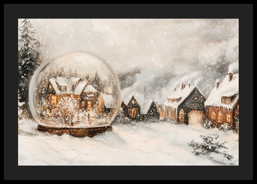Plagát s vysvietenou zimnou dedinou a snehovou guľou, ktorá šíri čaro Vianoc.-12