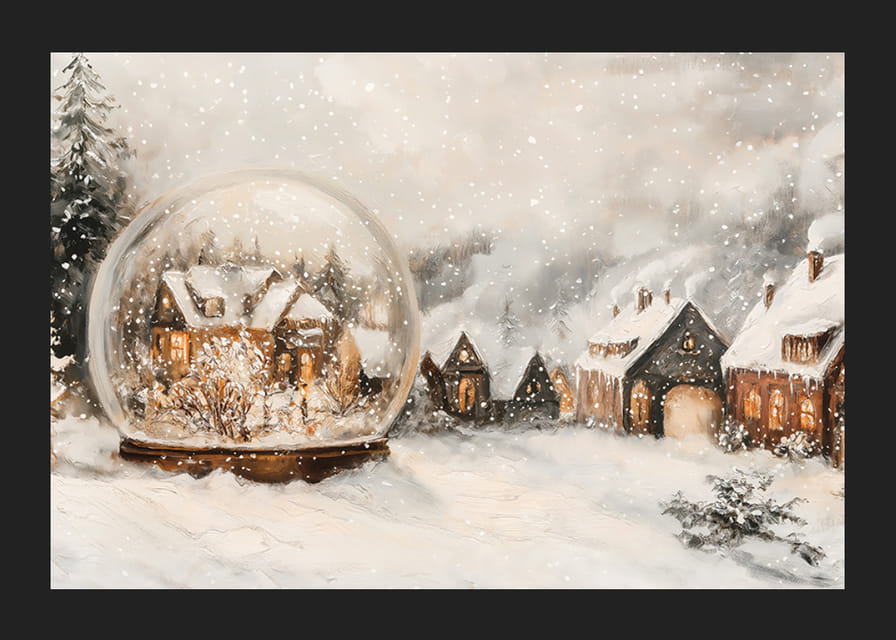 Plagát s vysvietenou zimnou dedinou a snehovou guľou, ktorá šíri čaro Vianoc.-12