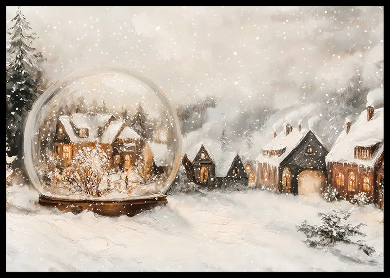 A poster with an illuminated winter village and a snow globe that spreads the charm of Christmas.-12
