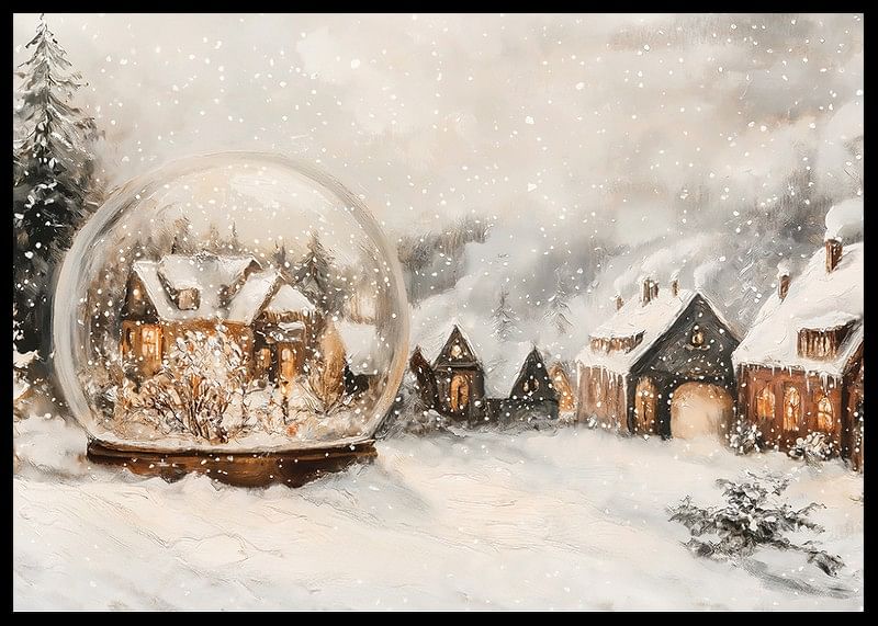 A poster with an illuminated winter village and a snow globe that spreads the charm of Christmas.-12