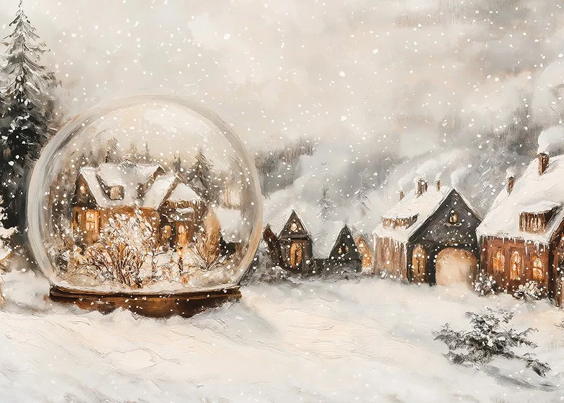 A poster with an illuminated winter village and a snow globe that spreads the charm of Christmas.-12