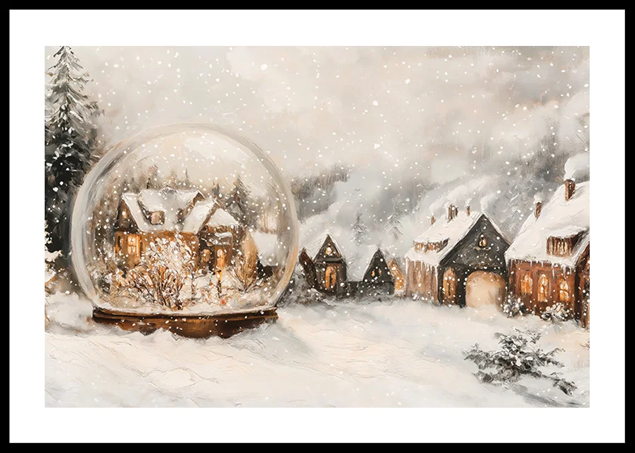 A poster with an illuminated winter village and a snow globe that spreads the charm of Christmas.-12
