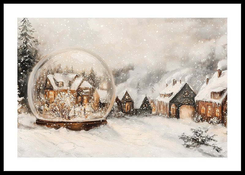 A poster with an illuminated winter village and a snow globe that spreads the charm of Christmas.-12