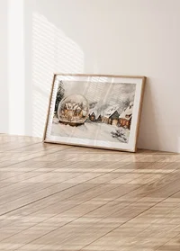 A poster with an illuminated winter village and a snow globe that spreads the charm of Christmas.-8