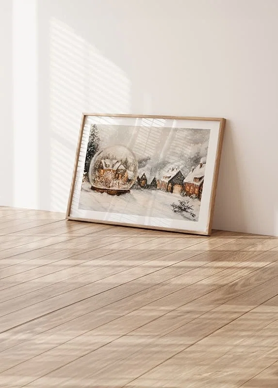 A poster with an illuminated winter village and a snow globe that spreads the charm of Christmas.-12
