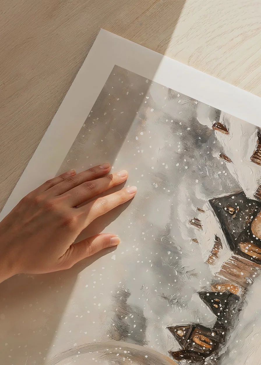 A poster with an illuminated winter village and a snow globe that spreads the charm of Christmas.-12