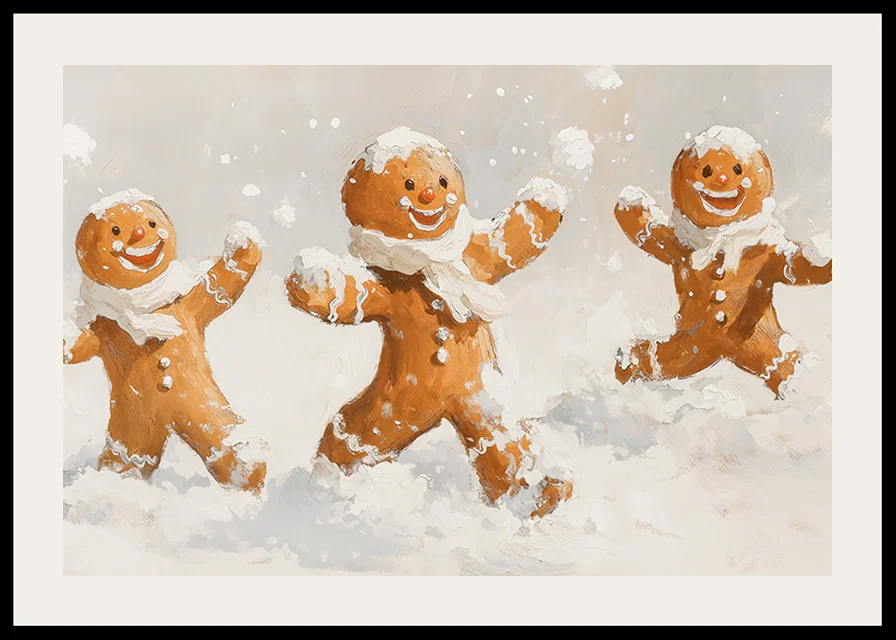A Christmas poster with happy gingerbread men playing in the snow spreads joy.-12