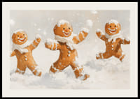 Egy karácsonyi poszter boldog mézeskalács férfiakkal a hóban játszik örömet.-2