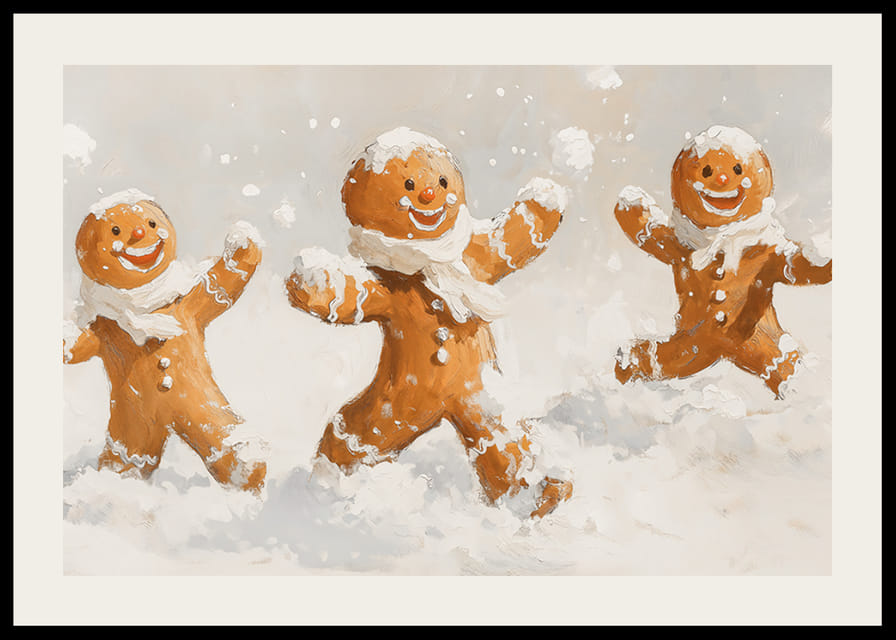 Egy karácsonyi poszter boldog mézeskalács férfiakkal a hóban játszik örömet.-12