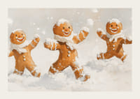 Egy karácsonyi poszter boldog mézeskalács férfiakkal a hóban játszik örömet.-3