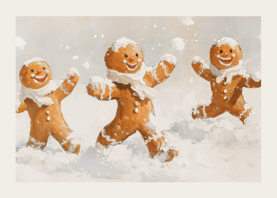 Egy karácsonyi poszter boldog mézeskalács férfiakkal a hóban játszik örömet.-12