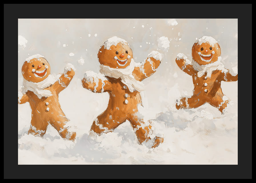 Egy karácsonyi poszter boldog mézeskalács férfiakkal a hóban játszik örömet.-12