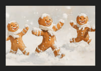 Egy karácsonyi poszter boldog mézeskalács férfiakkal a hóban játszik örömet.-5