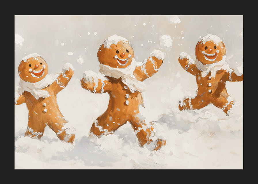 Egy karácsonyi poszter boldog mézeskalács férfiakkal a hóban játszik örömet.-12