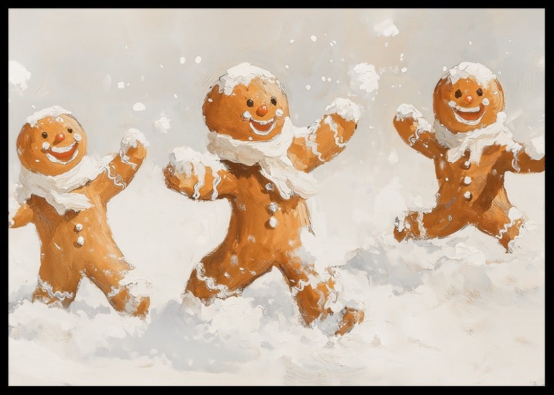 A Christmas poster with happy gingerbread men playing in the snow spreads joy.-12