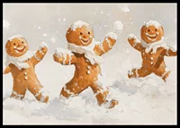 A Christmas poster with happy gingerbread men playing in the snow spreads joy.-6