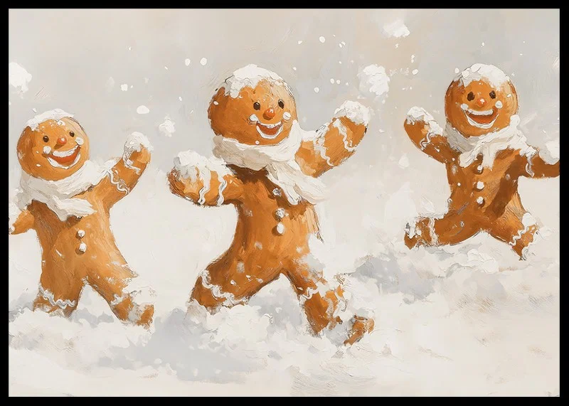 A Christmas poster with happy gingerbread men playing in the snow spreads joy.-12