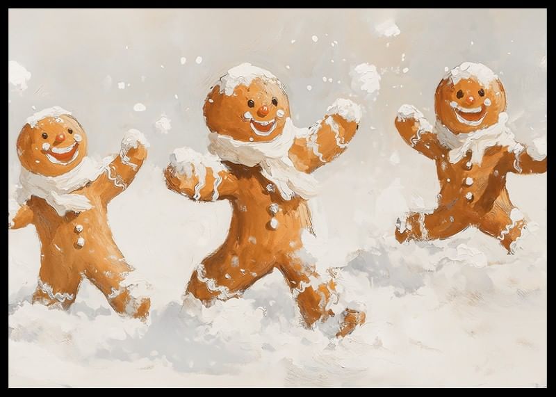 Een kerstposter met vrolijke peperkoekmannen die in de sneeuw spelen, verspreidt vreugde.-12