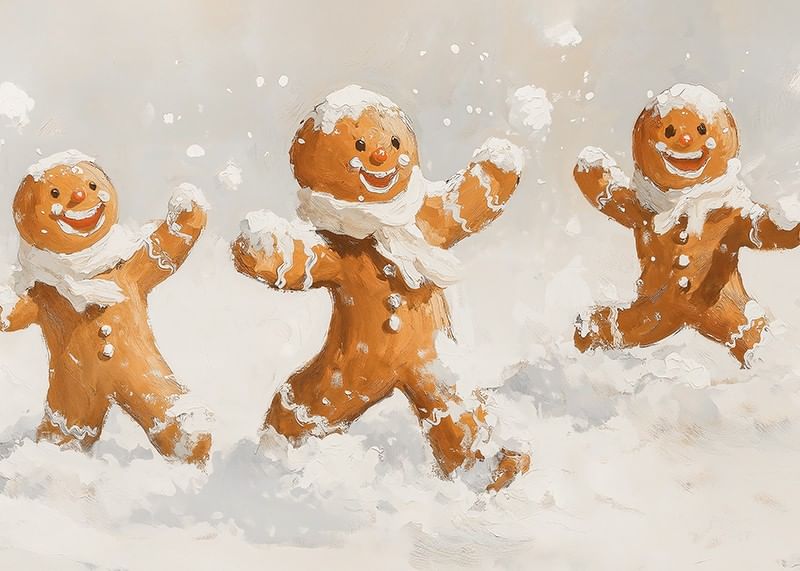 Een kerstposter met vrolijke peperkoekmannen die in de sneeuw spelen, verspreidt vreugde.-12