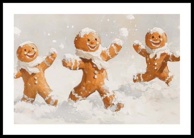 Een kerstposter met vrolijke peperkoekmannen die in de sneeuw spelen, verspreidt vreugde.-12