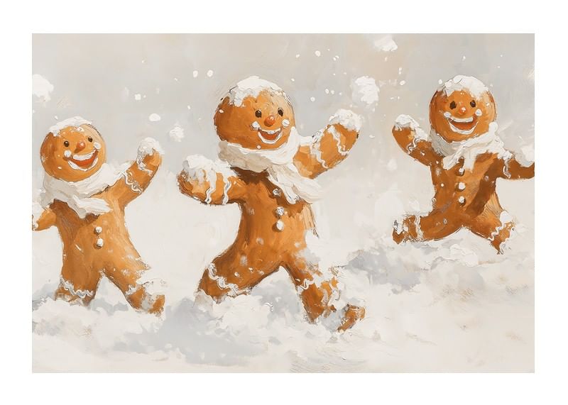 Een kerstposter met vrolijke peperkoekmannen die in de sneeuw spelen, verspreidt vreugde.-12
