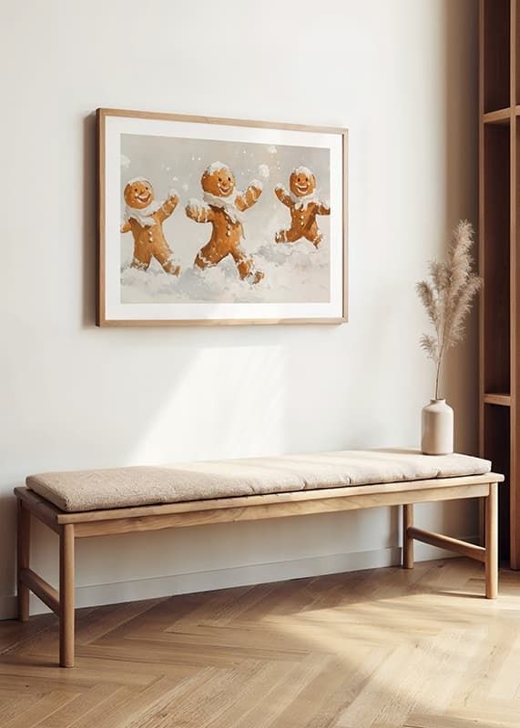 Een kerstposter met vrolijke peperkoekmannen die in de sneeuw spelen, verspreidt vreugde.-12