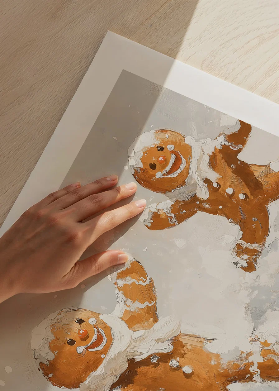 A Christmas poster with happy gingerbread men playing in the snow spreads joy.-12