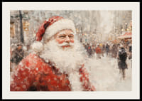 Kalėdų džiaugsmą skleidžiantis plakatas su Kalėdų Seneliu einant apsnigtame mieste.-2