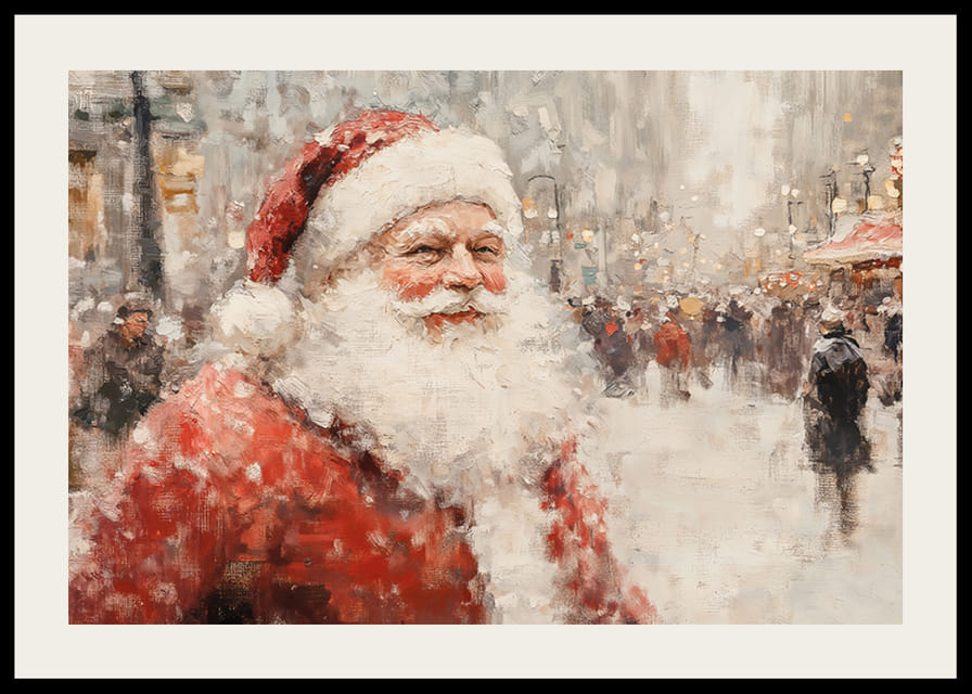 Kalėdų džiaugsmą skleidžiantis plakatas su Kalėdų Seneliu einant apsnigtame mieste.-12