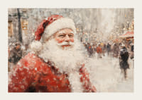 Kalėdų džiaugsmą skleidžiantis plakatas su Kalėdų Seneliu einant apsnigtame mieste.-3