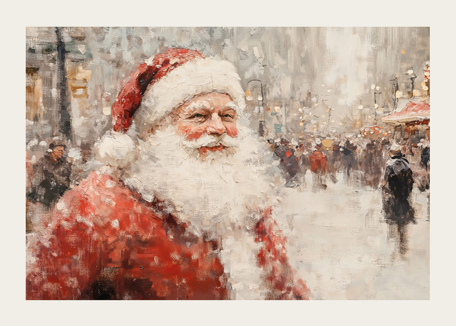 Kalėdų džiaugsmą skleidžiantis plakatas su Kalėdų Seneliu einant apsnigtame mieste.-12