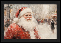 Kalėdų džiaugsmą skleidžiantis plakatas su Kalėdų Seneliu einant apsnigtame mieste.-4