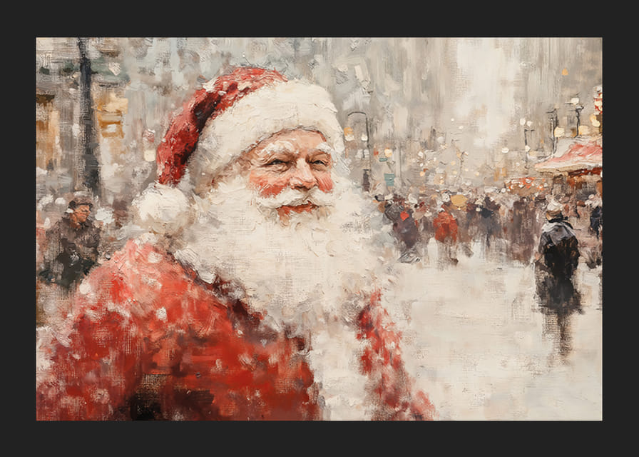 Kalėdų džiaugsmą skleidžiantis plakatas su Kalėdų Seneliu einant apsnigtame mieste.-12