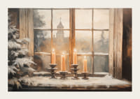 Un cartel a la luz de las velas en el alféizar de una ventana cubierto de nieve transmite la comodidad invernal.-3