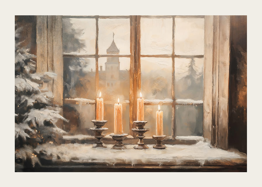 Un cartel a la luz de las velas en el alféizar de una ventana cubierto de nieve transmite la comodidad invernal.-12